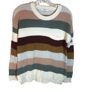Madewell sweater women XS green brown striped color blocked crewneck pocket fall